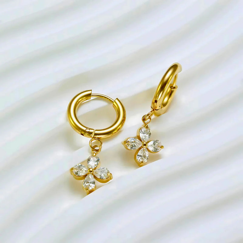 18KT Gold Plated Zircon Flower Stainless Steel Waterproof Charm Earrings, Rosea