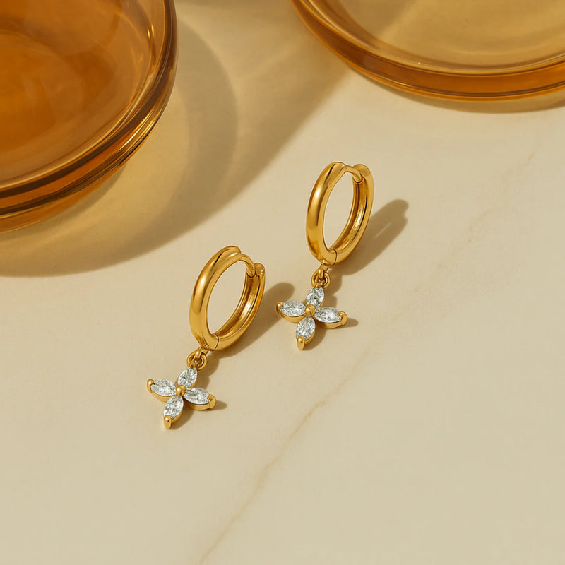 18KT Gold Plated Zircon Flower Stainless Steel Waterproof Charm Earrings, Rosea