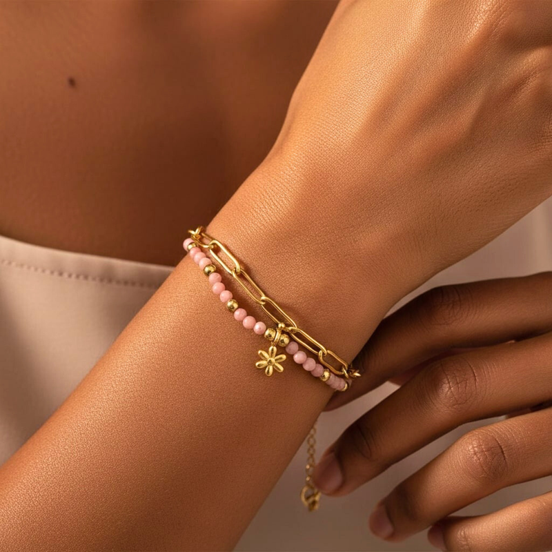 Rose Bracelet, 18KT Gold Plated Stainless Steel Boho Layered Natural Stone & Daffodil Charm Beaded Paperclip Bracelet