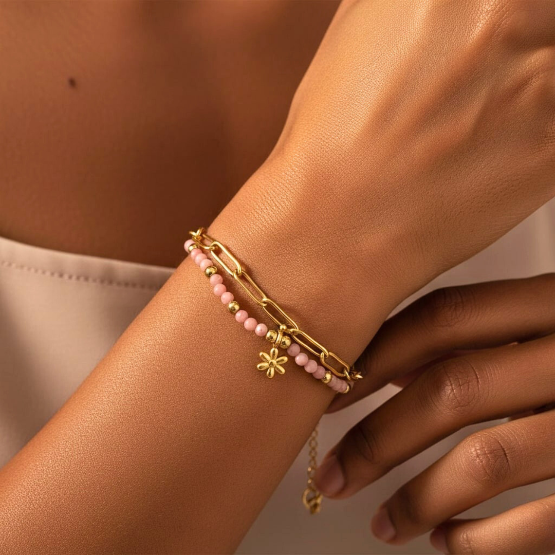Rose Bracelet, 18KT Gold Plated Stainless Steel Boho Layered Natural Stone & Daffodil Charm Beaded Paperclip Bracelet
