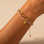 Load image into Gallery viewer, Rose Bracelet, 18KT Gold Plated Stainless Steel Boho Layered Natural Stone &amp; Daffodil Charm Beaded Paperclip Bracelet
