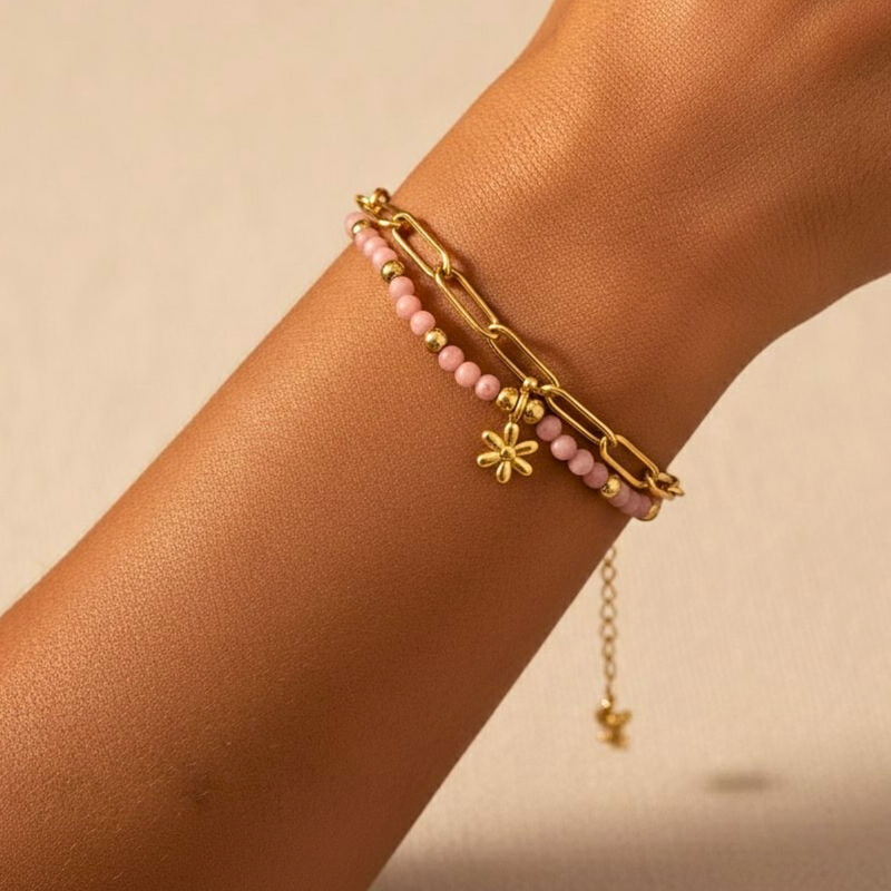 Rose Bracelet, 18KT Gold Plated Stainless Steel Boho Layered Natural Stone & Daffodil Charm Beaded Paperclip Bracelet