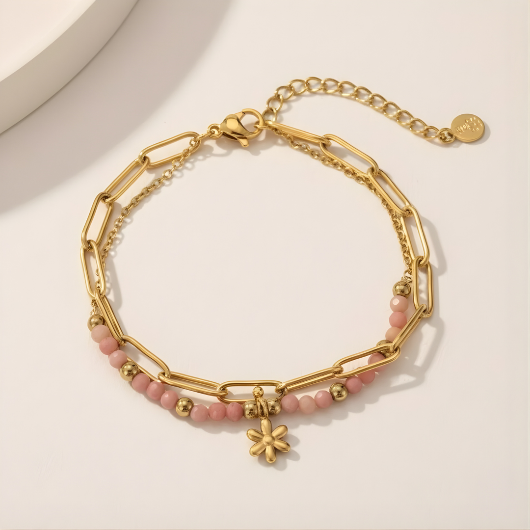 Rose Bracelet, 18KT Gold Plated Stainless Steel Boho Layered Natural Stone & Daffodil Charm Beaded Paperclip Bracelet