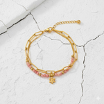 Load image into Gallery viewer, Rose Bracelet, 18KT Gold Plated Stainless Steel Boho Layered Natural Stone &amp; Daffodil Charm Beaded Paperclip Bracelet
