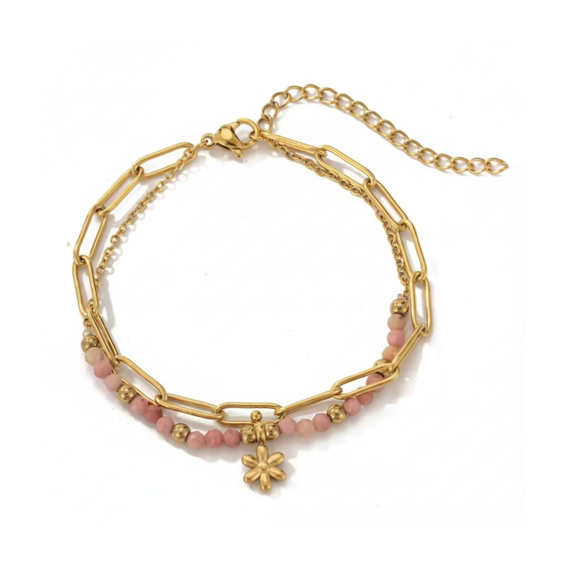 Rose Bracelet, 18KT Gold Plated Stainless Steel Boho Layered Natural Stone & Daffodil Charm Beaded Paperclip Bracelet