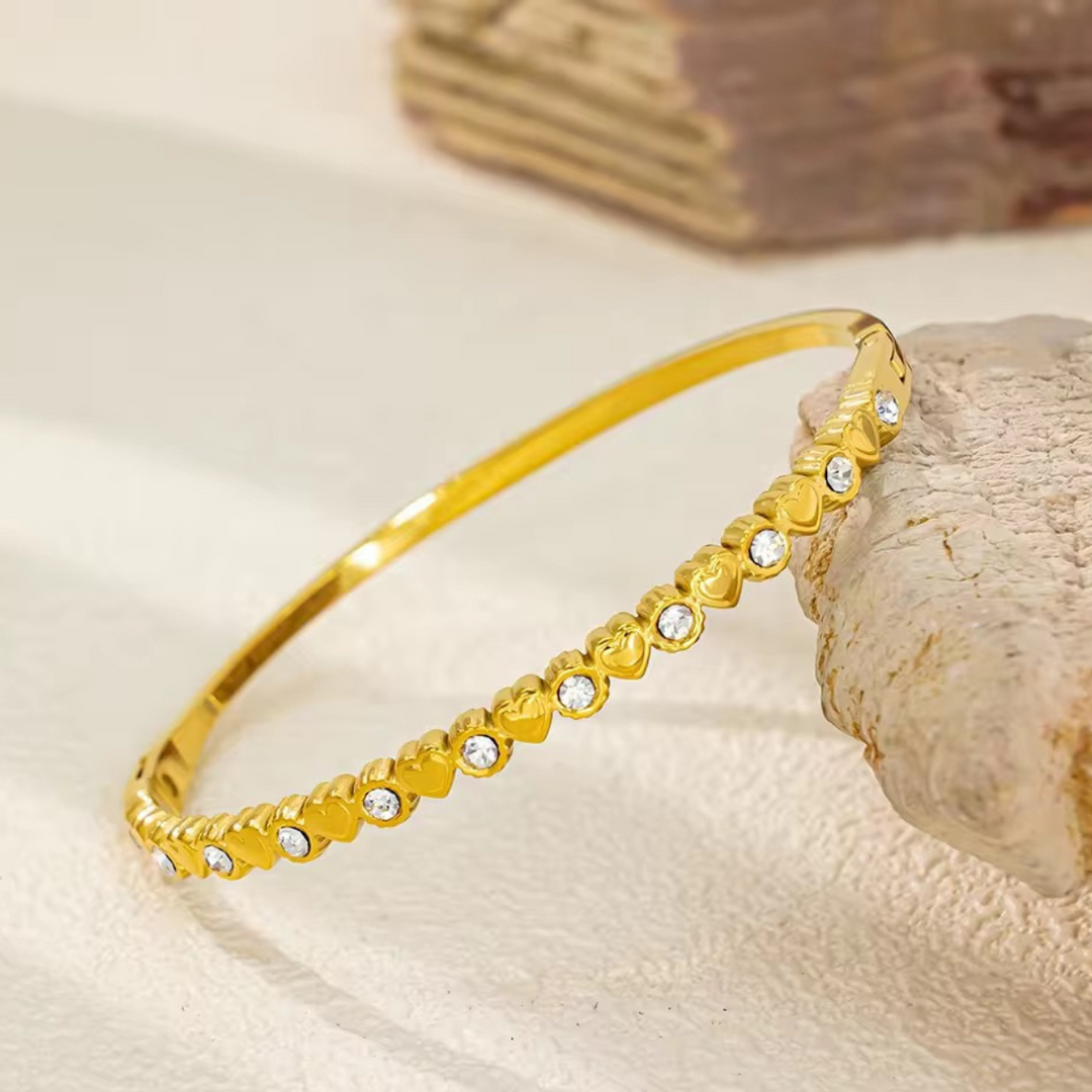 Inaya Modern Festive 18KT Gold Plated Unique Iced Out Heart and Round Zircon Cuff Bracelet, Sally