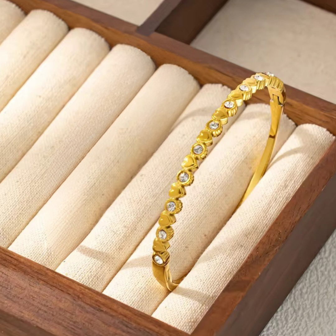 Inaya Modern Festive 18KT Gold Plated Unique Iced Out Heart and Round Zircon Cuff Bracelet, Sally