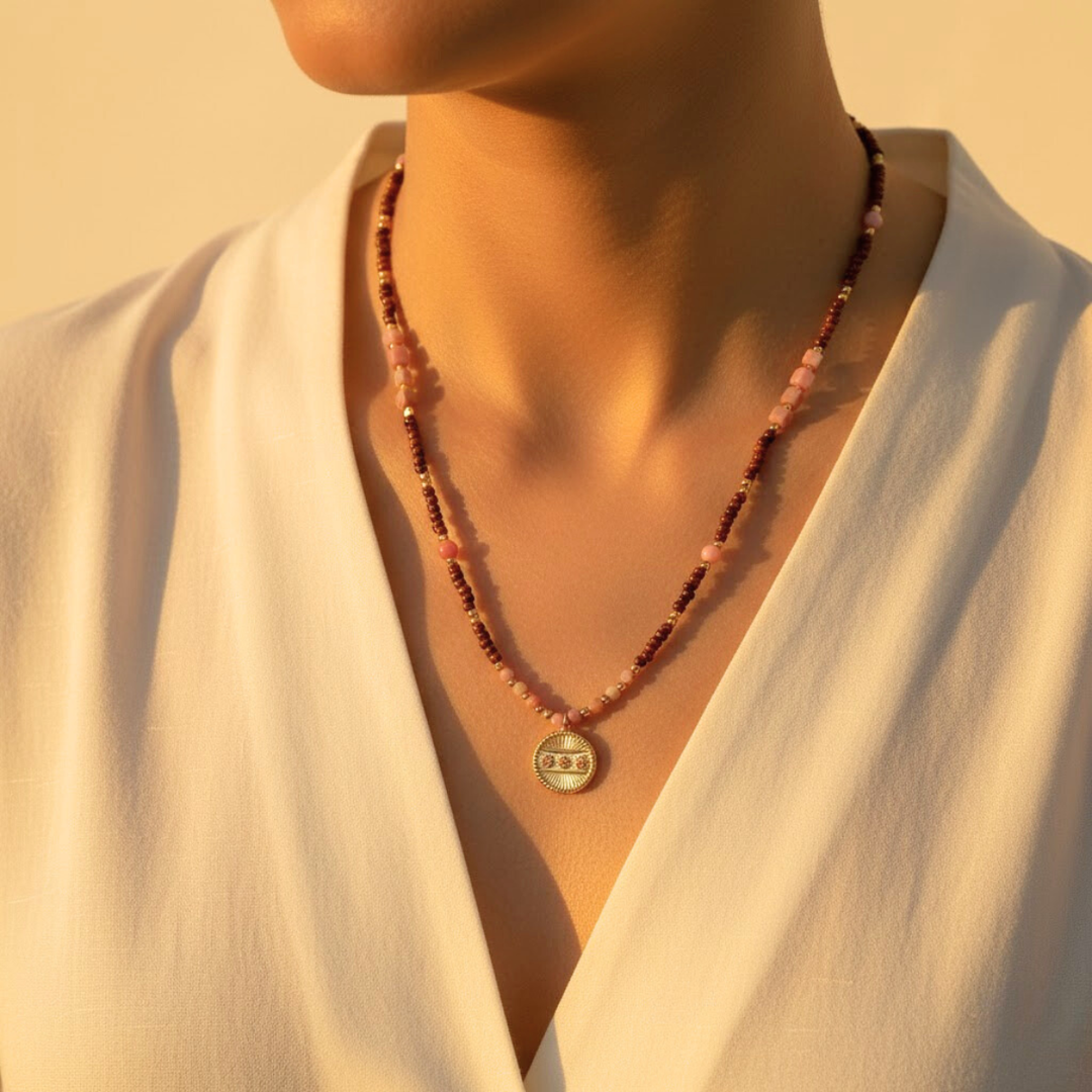 Salty Necklace, 18KT Gold Plated Stainless Steel Retro Beach Pink & Red Natural Stone Beaded Necklace