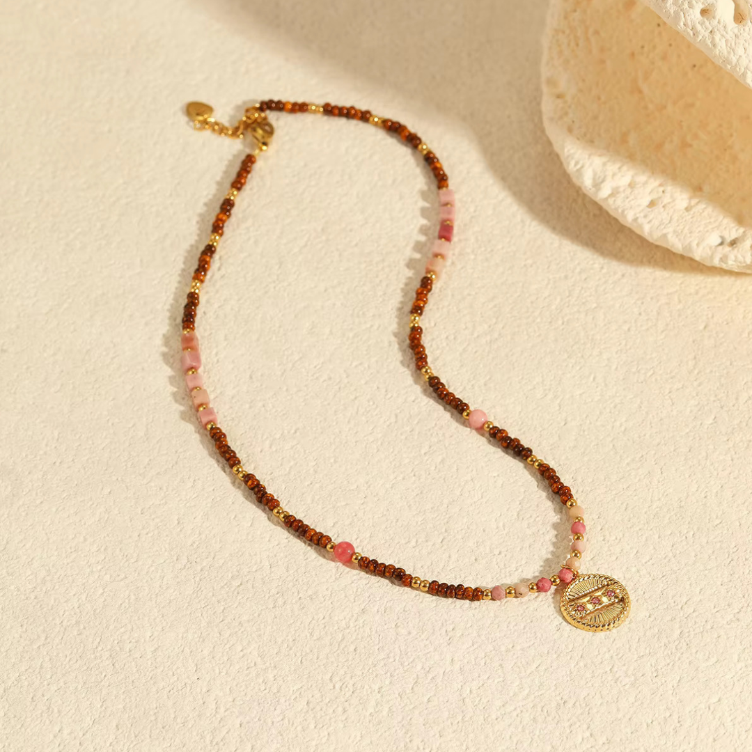 Salty Necklace, 18KT Gold Plated Stainless Steel Retro Beach Pink & Red Natural Stone Beaded Necklace