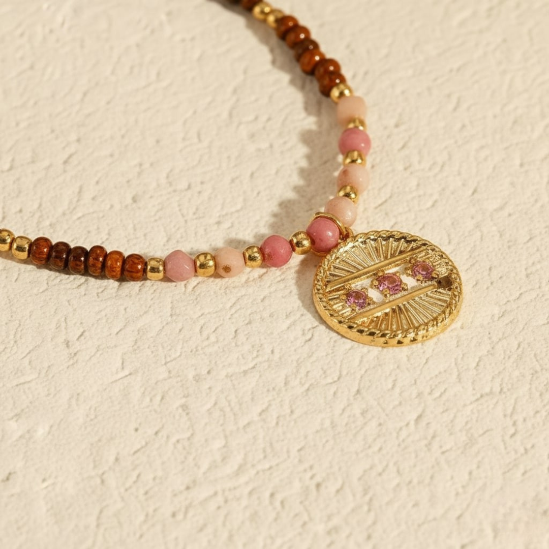Salty Necklace, 18KT Gold Plated Stainless Steel Retro Beach Pink & Red Natural Stone Beaded Necklace