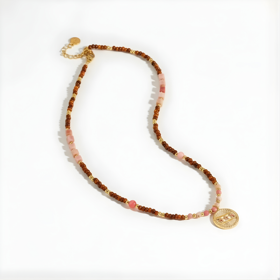 Salty Necklace, 18KT Gold Plated Stainless Steel Retro Beach Pink & Red Natural Stone Beaded Necklace