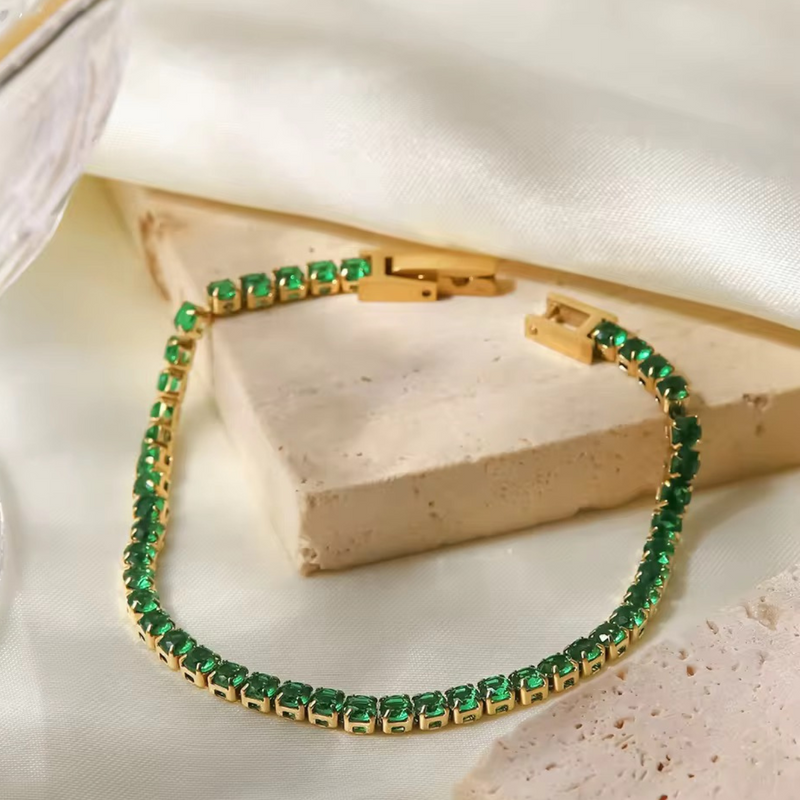 Inaya Modern Festive 18KT Gold Plated Classic Green Emerald Zircon Tennis Bracelet, Savi