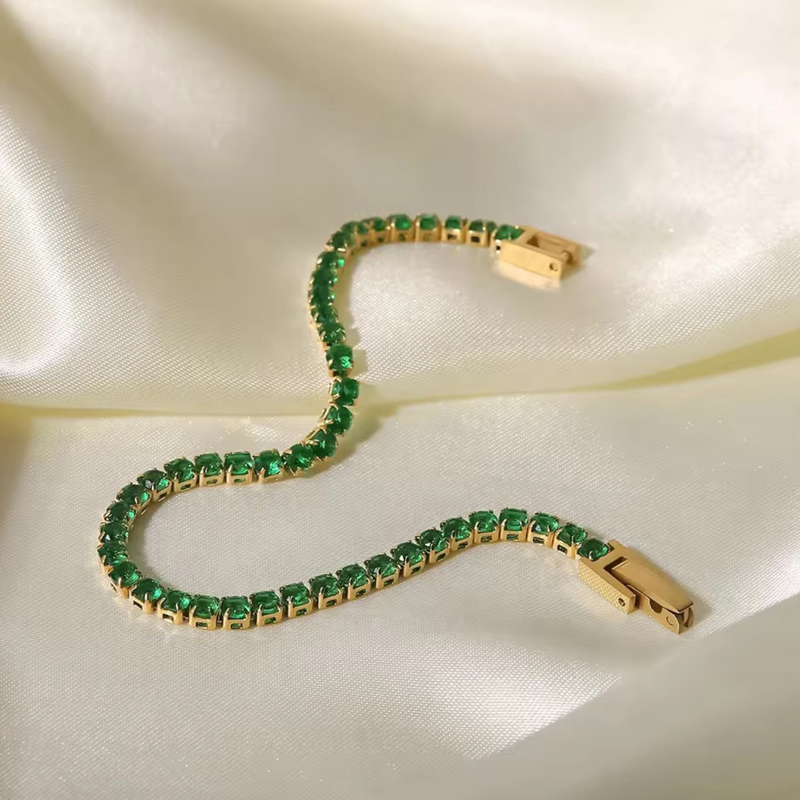 Inaya Modern Festive 18KT Gold Plated Classic Green Emerald Zircon Tennis Bracelet, Savi