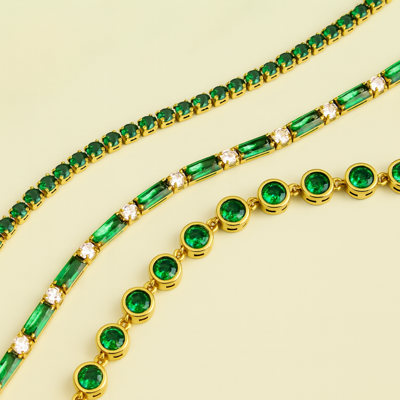 Inaya Modern Festive 18KT Gold Plated Classic Green Emerald Zircon Tennis Bracelet, Savi