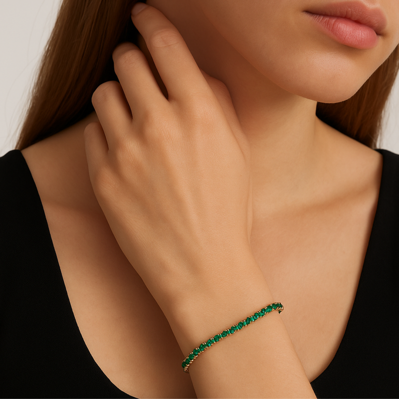 Inaya Modern Festive 18KT Gold Plated Classic Green Emerald Zircon Tennis Bracelet, Savi