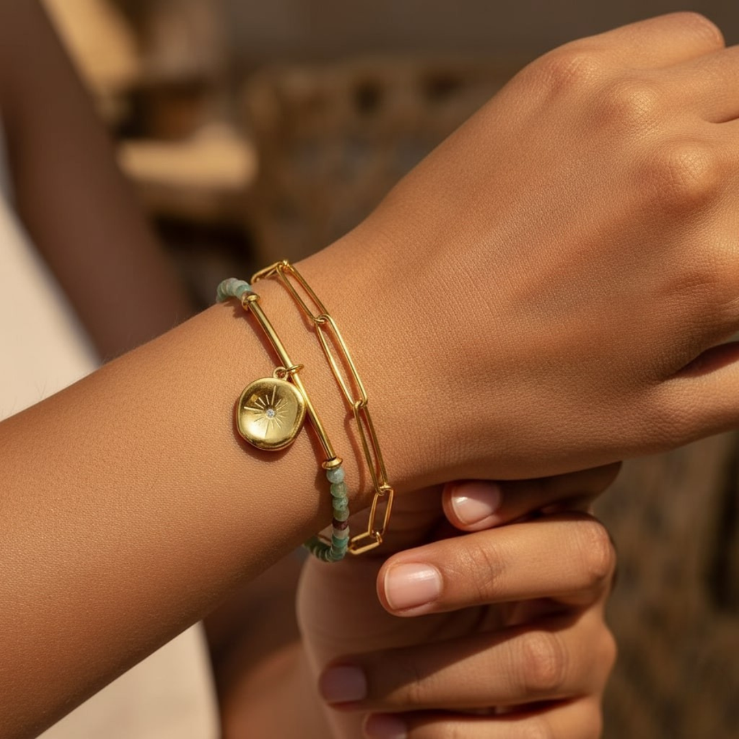 Sea Bracelet, 18KT Gold Plated Stainless Steel Boho Layered Natural Stone & Moon Charm Beaded Paperclip Bracelet