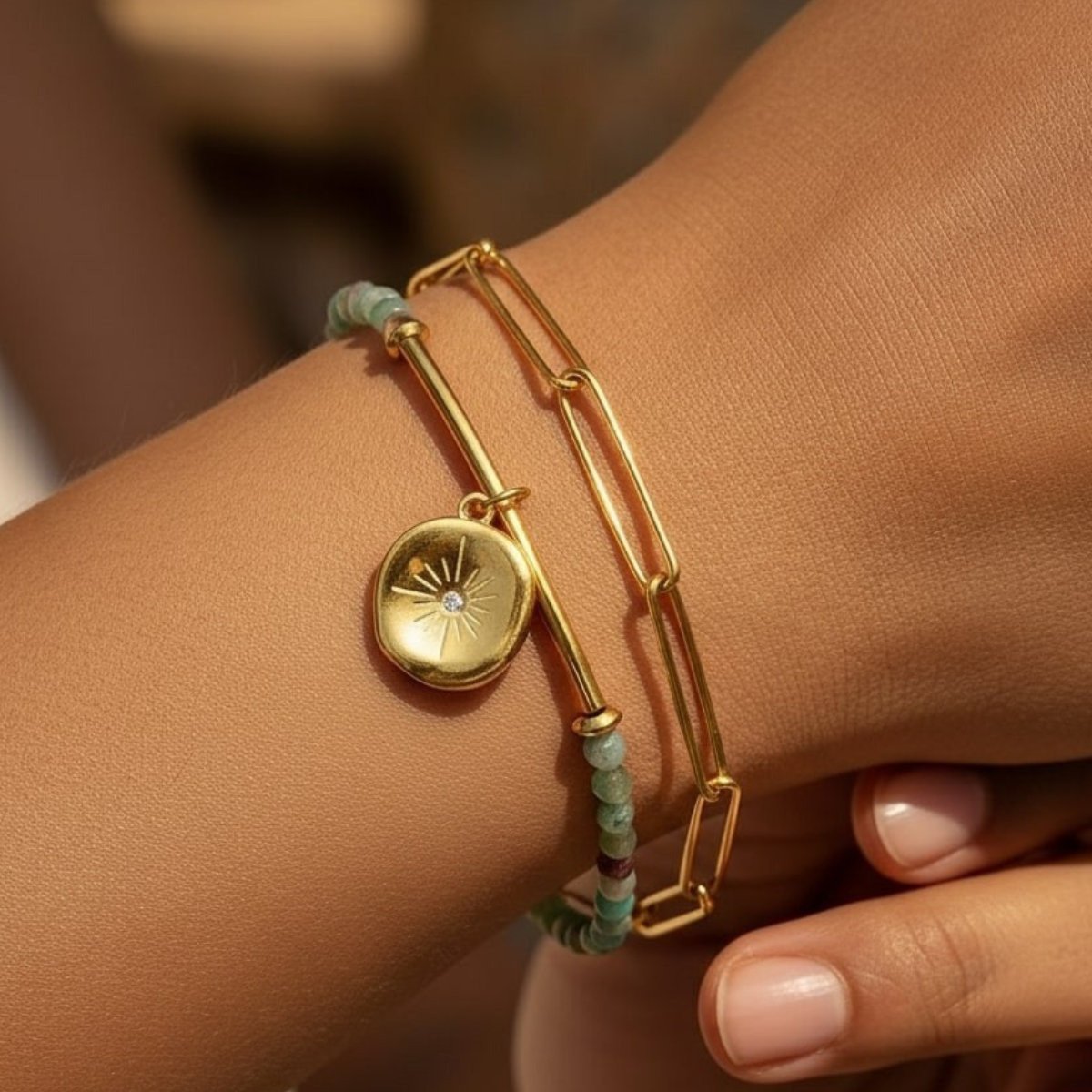 Sea bracelet, 18kt gold plated stainless steel boho layered natural stone & moon charm beaded paperclip bracelet