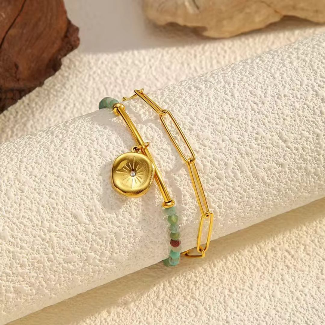 Sea Bracelet, 18KT Gold Plated Stainless Steel Boho Layered Natural Stone & Moon Charm Beaded Paperclip Bracelet