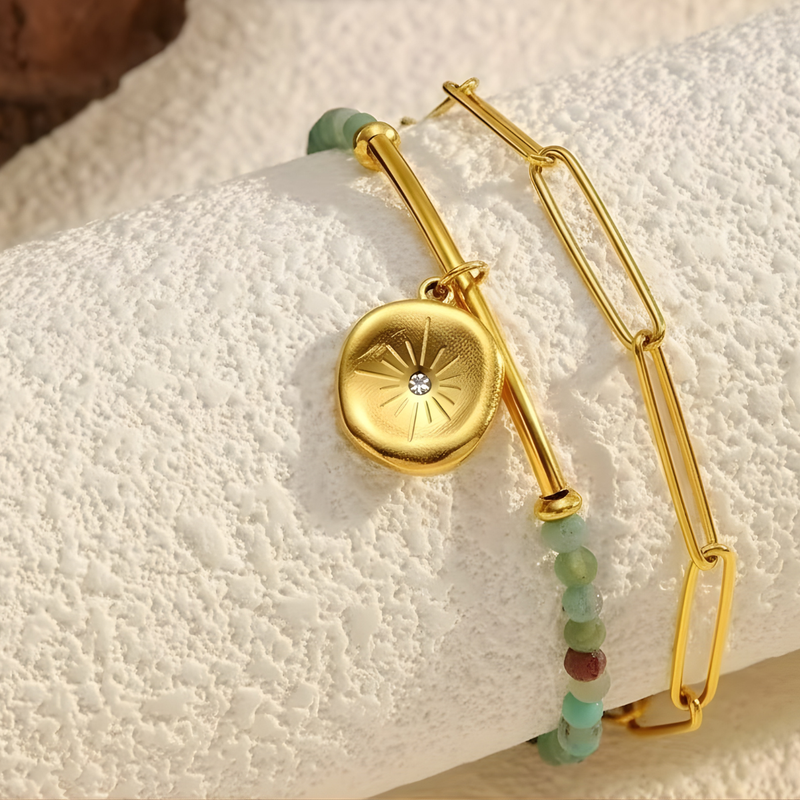 Sea Bracelet, 18KT Gold Plated Stainless Steel Boho Layered Natural Stone & Moon Charm Beaded Paperclip Bracelet (pre-order)