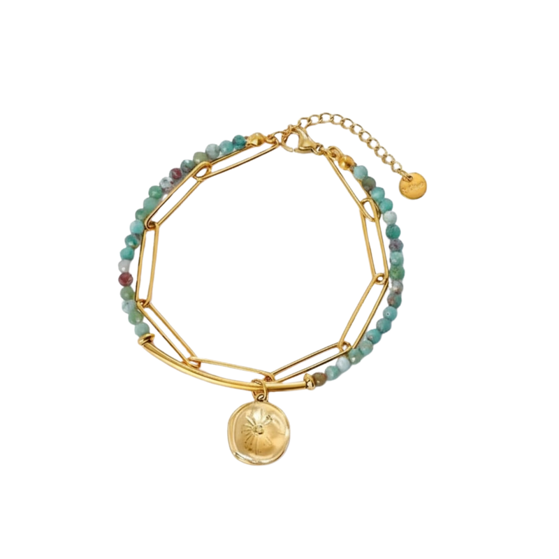 Sea Bracelet, 18KT Gold Plated Stainless Steel Boho Layered Natural Stone & Moon Charm Beaded Paperclip Bracelet (pre-order)