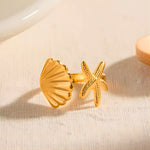 Load image into Gallery viewer, 18KT Gold Plated Stainless Steel Dual Sea Shell &amp; Starfish Adjustable Open Ring for Women, Selma