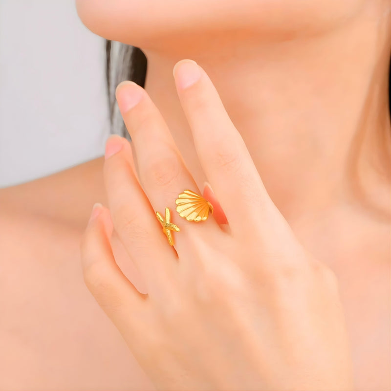 18KT Gold Plated Stainless Steel Dual Sea Shell & Starfish Adjustable Open Ring for Women, Selma