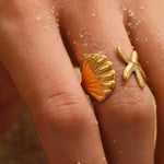 Load image into Gallery viewer, 18KT Gold Plated Stainless Steel Dual Sea Shell &amp; Starfish Adjustable Open Ring for Women, Selma