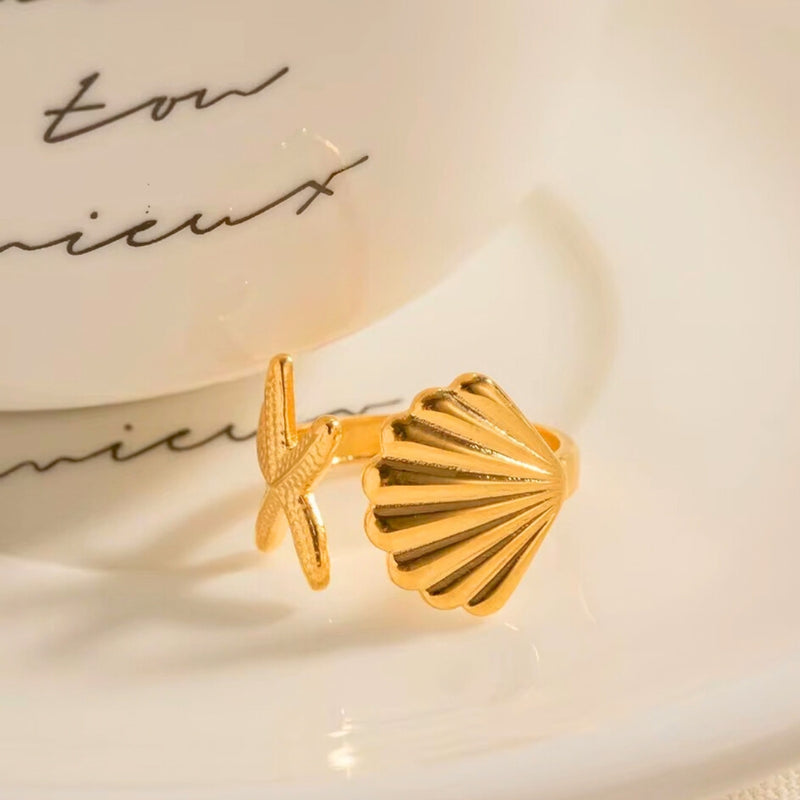 18KT Gold Plated Stainless Steel Dual Sea Shell & Starfish Adjustable Open Ring for Women, Selma