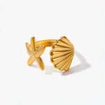 Load image into Gallery viewer, 18KT Gold Plated Stainless Steel Dual Sea Shell &amp; Starfish Adjustable Open Ring for Women, Selma