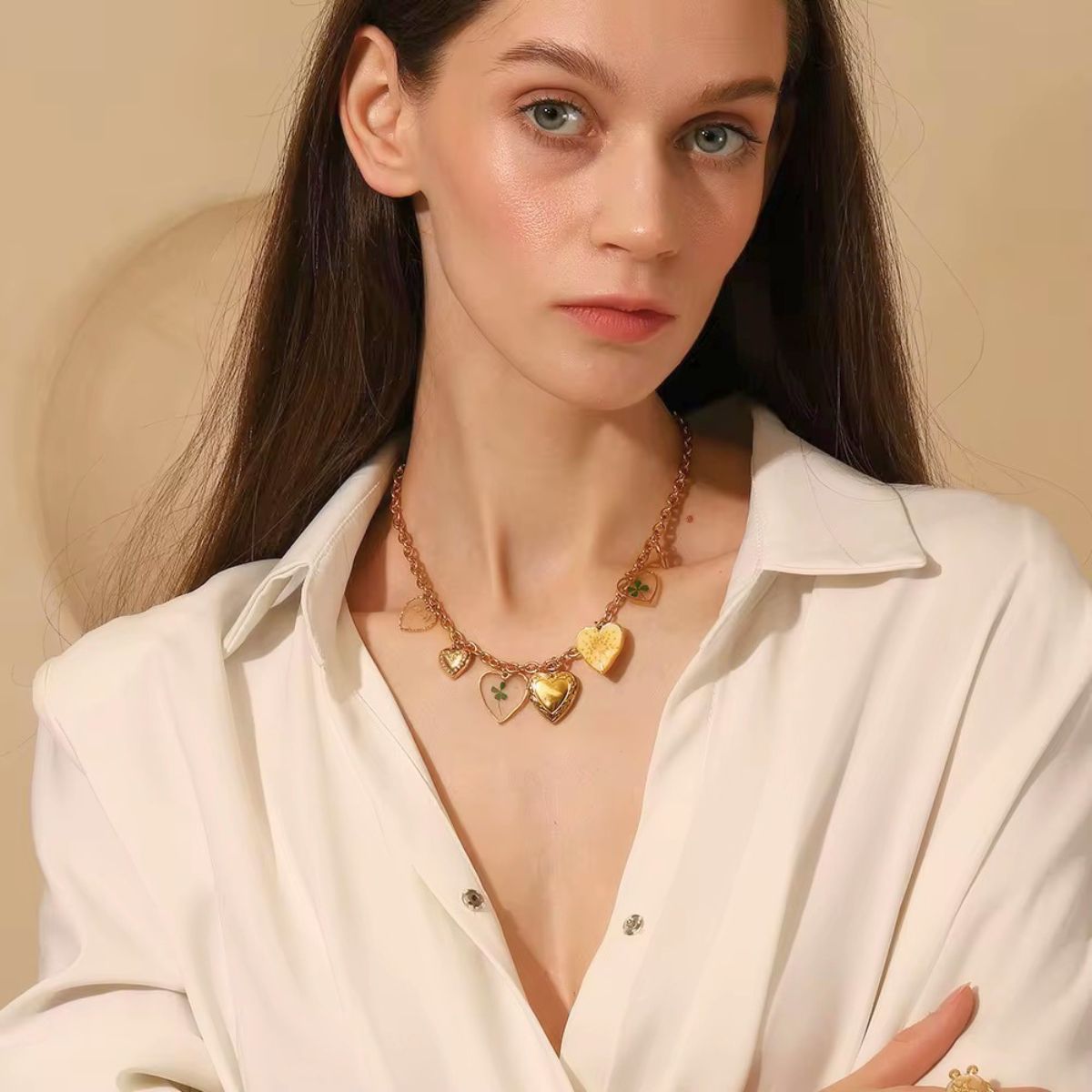 18k gold plated multi charm vintage heart necklace, seraphina