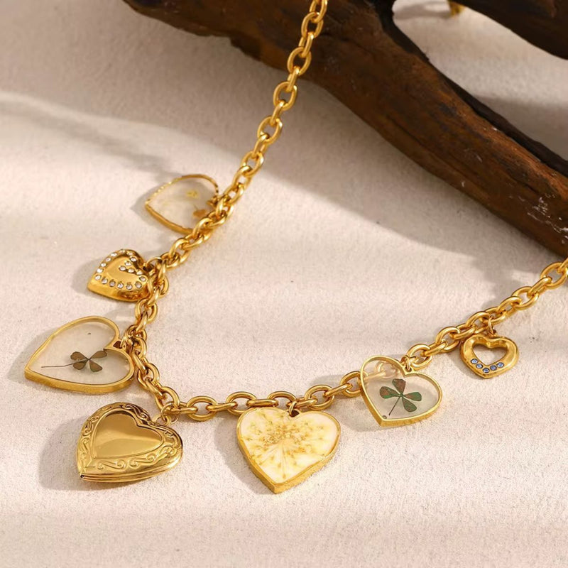 18K Gold plated Multi Charm Vintage Heart Necklace, Seraphina