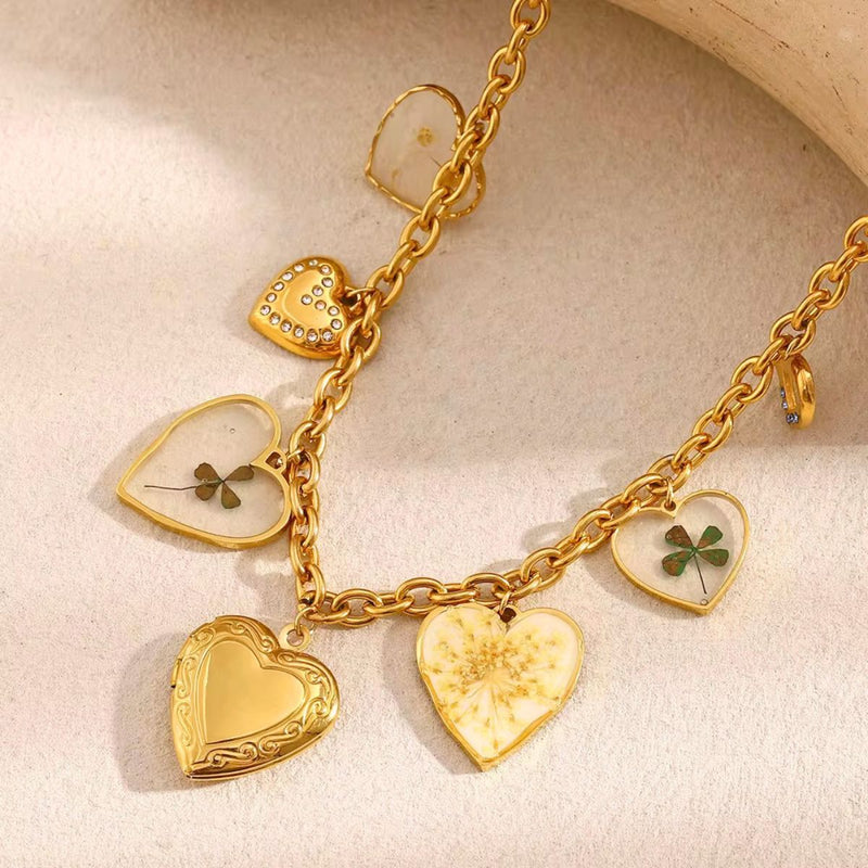 18K Gold plated Multi Charm Vintage Heart Necklace, Seraphina