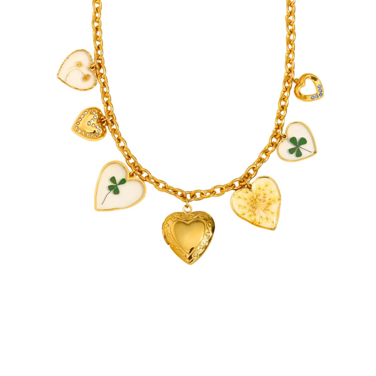 18k gold plated multi charm vintage heart necklace, seraphina
