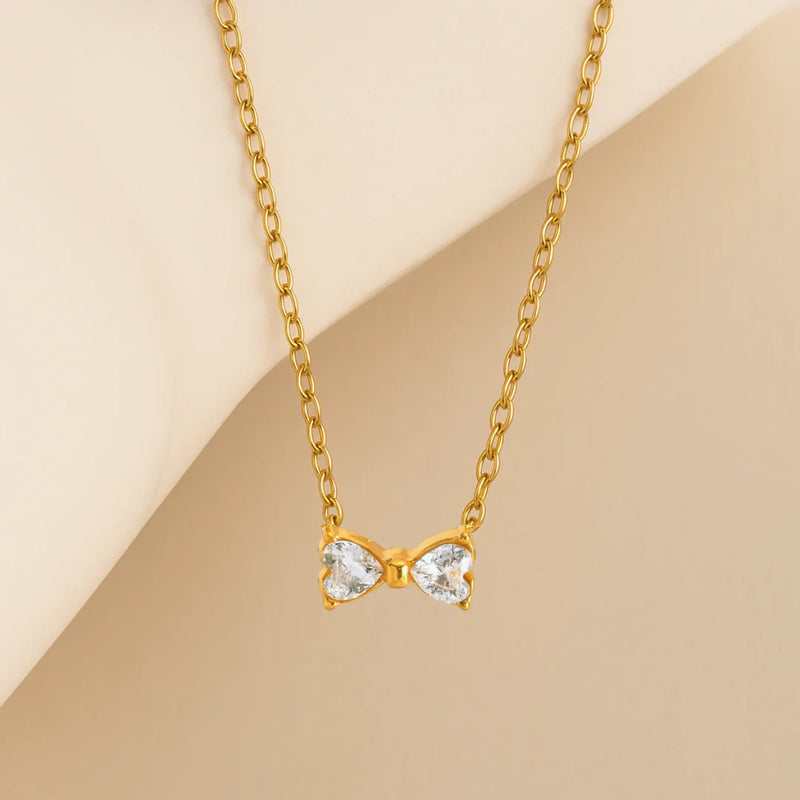 18KT Gold Plated Minimal Bow Knot Stainless Steel Waterproof Pendant Necklace, Sia