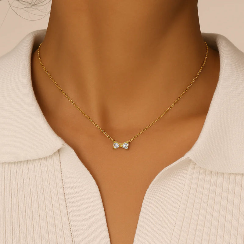 18KT Gold Plated Minimal Bow Knot Stainless Steel Waterproof Pendant Necklace, Sia