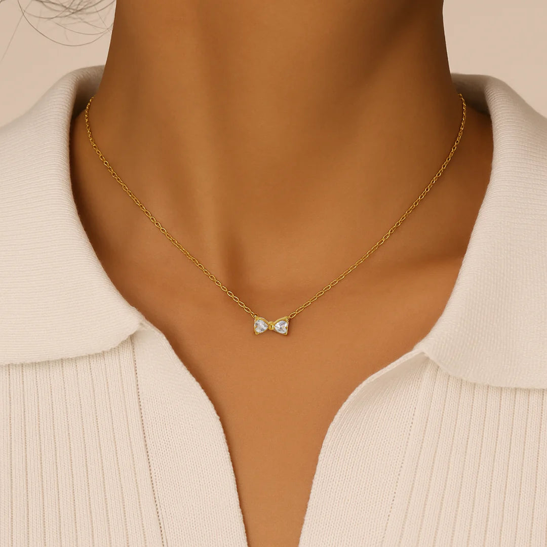 18KT Gold Plated Minimal Bow Knot Stainless Steel Waterproof Pendant Necklace, Sia