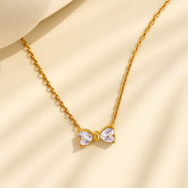 18KT Gold Plated Minimal Bow Knot Stainless Steel Waterproof Pendant Necklace, Sia