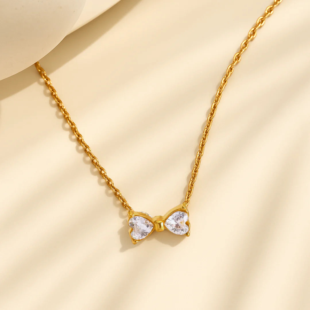 18KT Gold Plated Minimal Bow Knot Stainless Steel Waterproof Pendant Necklace, Sia