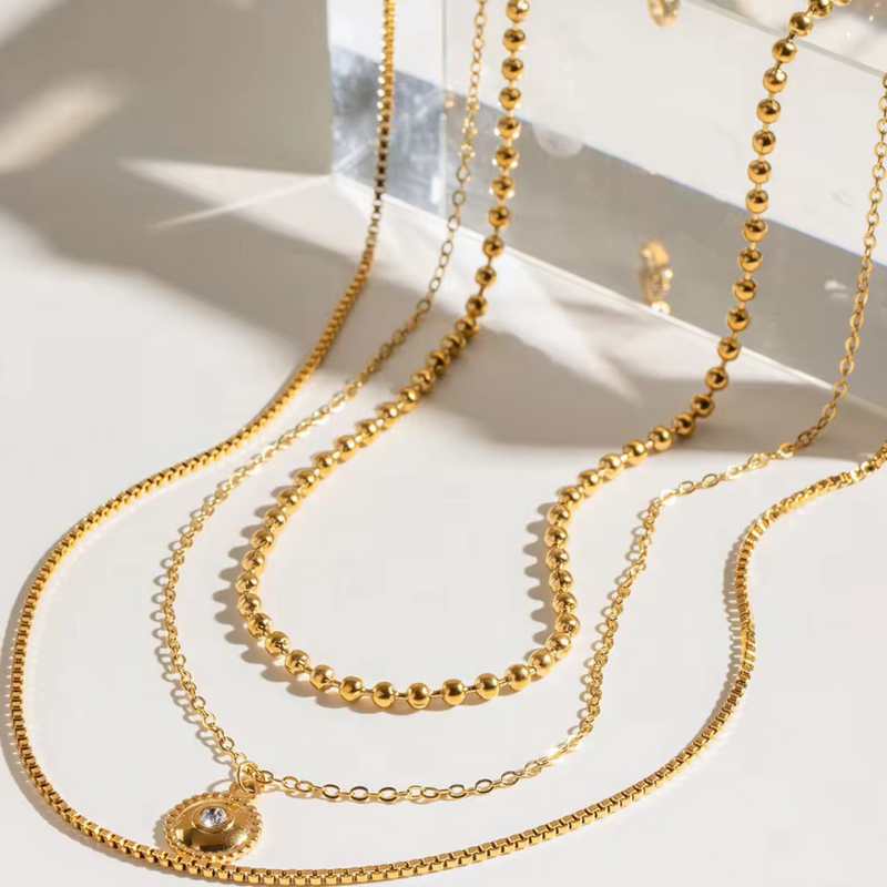 Inaya Modern Festive 18KT Gold Plated Round Charm & Ball Chain Tripple Layered Necklace, Star