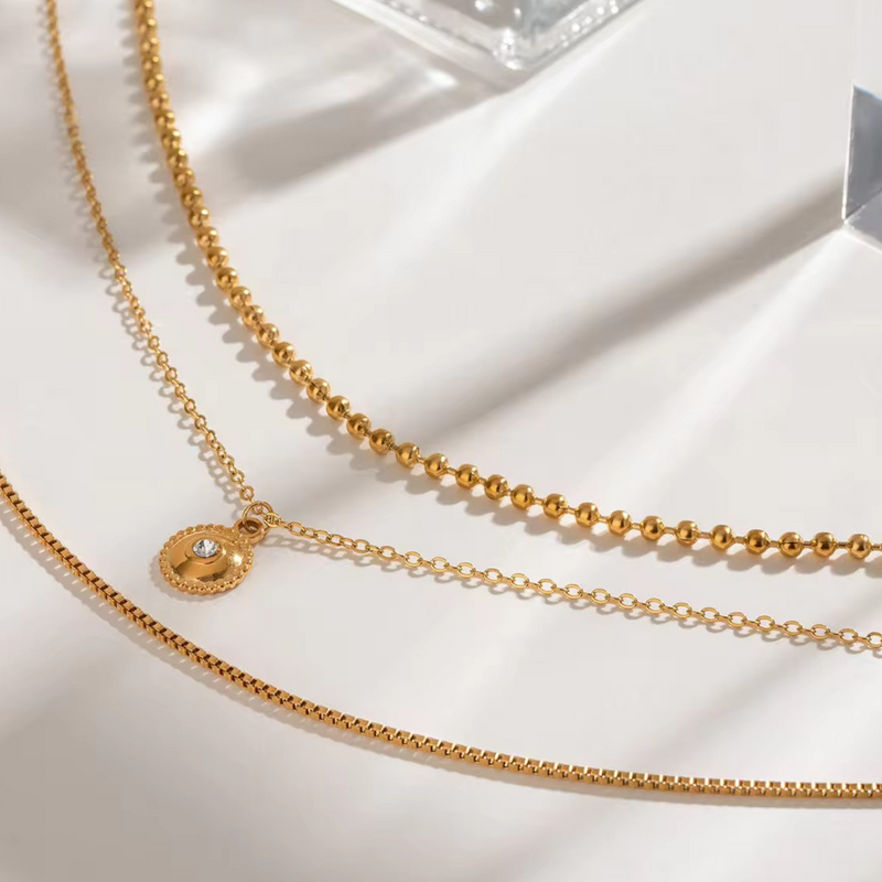 Inaya Modern Festive 18KT Gold Plated Round Charm & Ball Chain Tripple Layered Necklace, Star