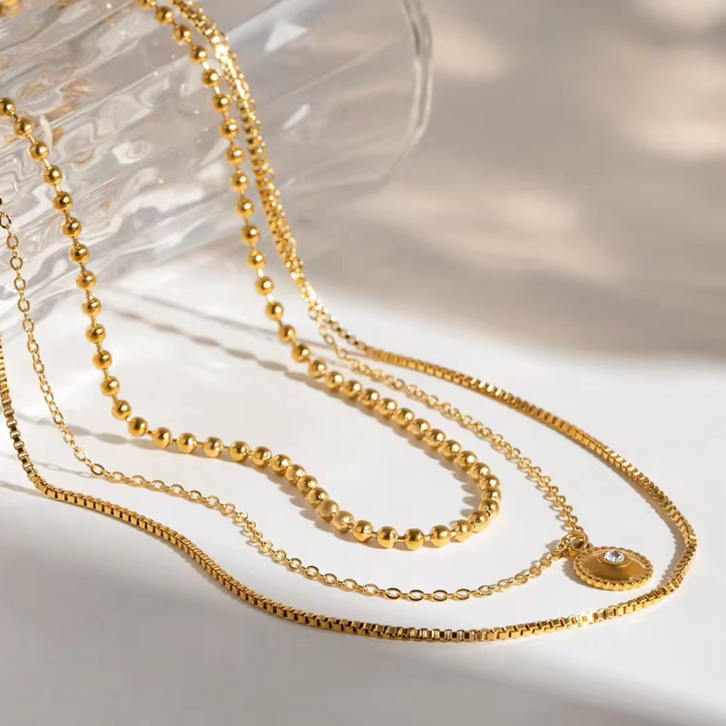 Inaya Modern Festive 18KT Gold Plated Round Charm & Ball Chain Tripple Layered Necklace, Star