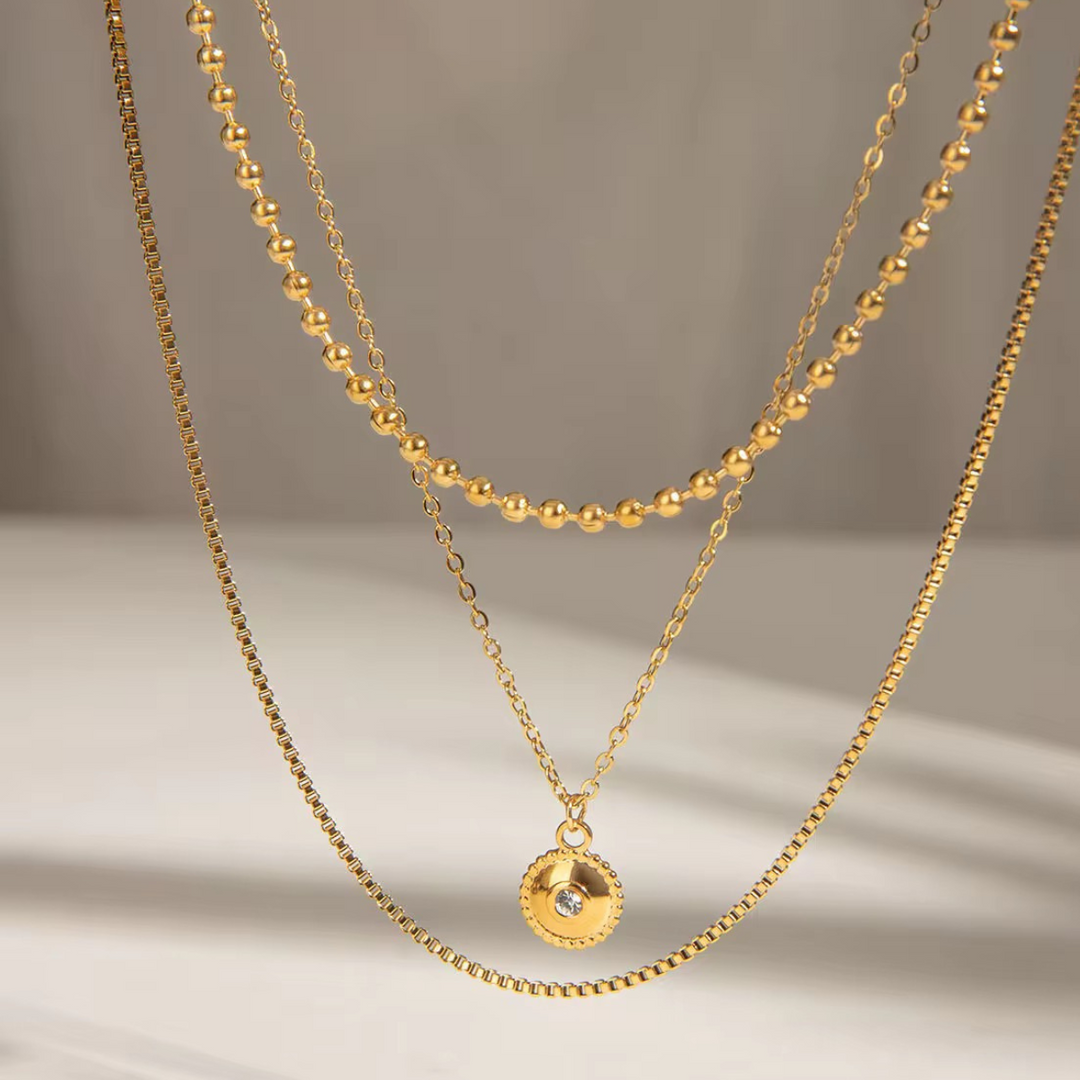 Inaya Modern Festive 18KT Gold Plated Round Charm & Ball Chain Tripple Layered Necklace, Star