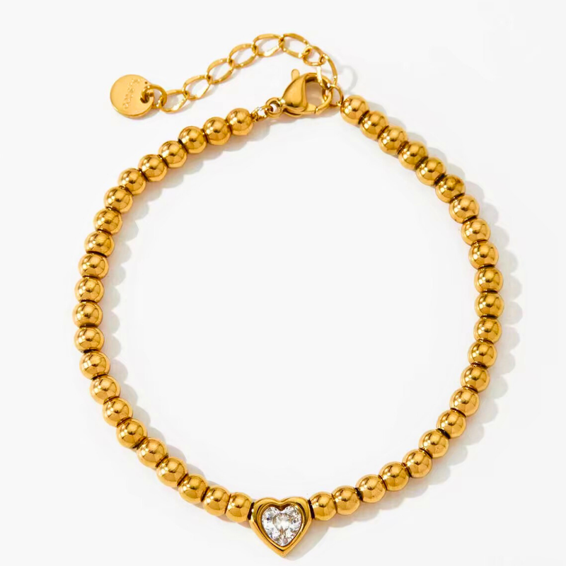 18 KT Gold Plated Stainless Steel Bead & Heart Zircon Stackable Bracelet, Sunset