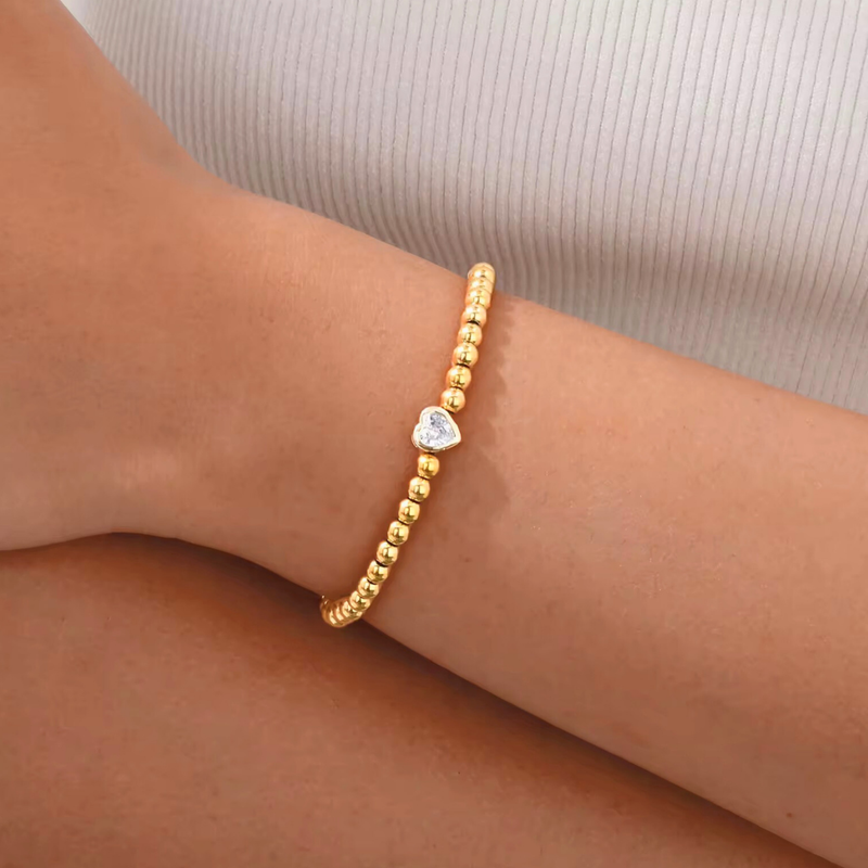 18 KT Gold Plated Stainless Steel Bead & Heart Zircon Stackable Bracelet, Sunset