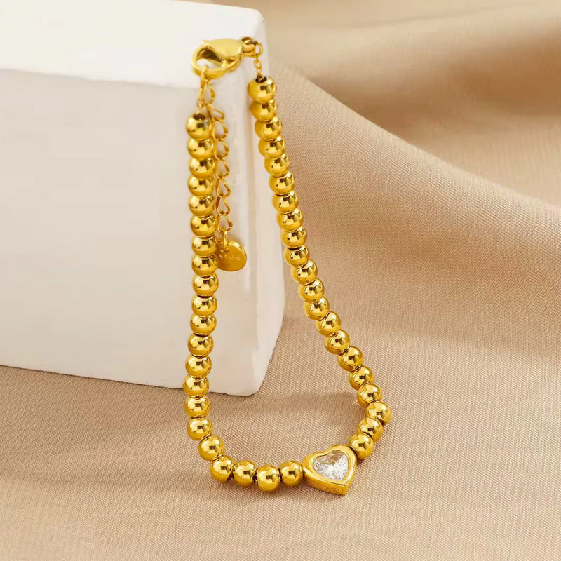 18 KT Gold Plated Stainless Steel Bead & Heart Zircon Stackable Bracelet, Sunset