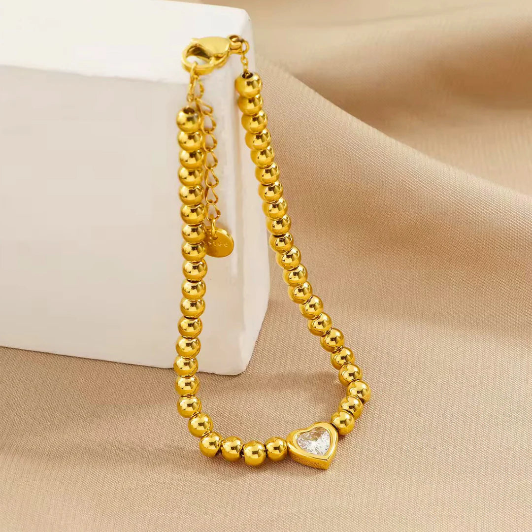 18 KT Gold Plated Stainless Steel Bead & Heart Zircon Stackable Bracelet, Sunset