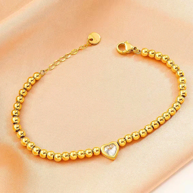 18 KT Gold Plated Stainless Steel Bead & Heart Zircon Stackable Bracelet, Sunset