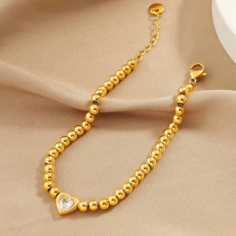 18 KT Gold Plated Stainless Steel Bead & Heart Zircon Stackable Bracelet, Sunset