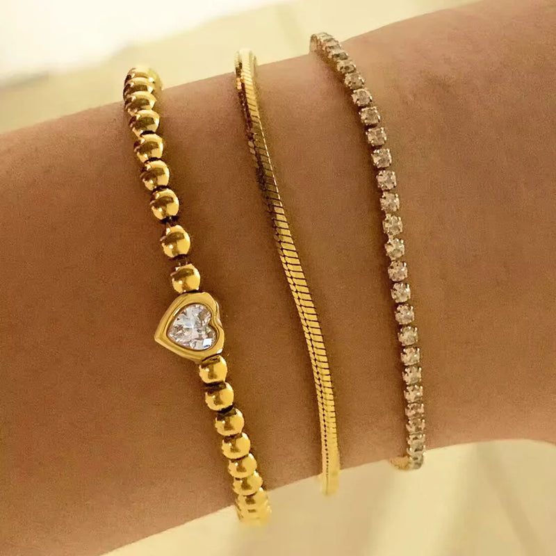 18 KT Gold Plated Stainless Steel Bead & Heart Zircon Stackable Bracelet, Sunset