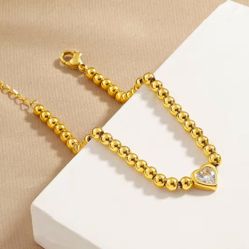 18 KT Gold Plated Stainless Steel Bead & Heart Zircon Stackable Bracelet, Sunset
